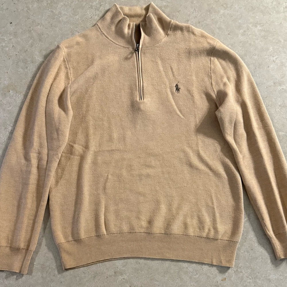 Ralph Lauren Tan Zip Up Sweater with Ribbed Collar